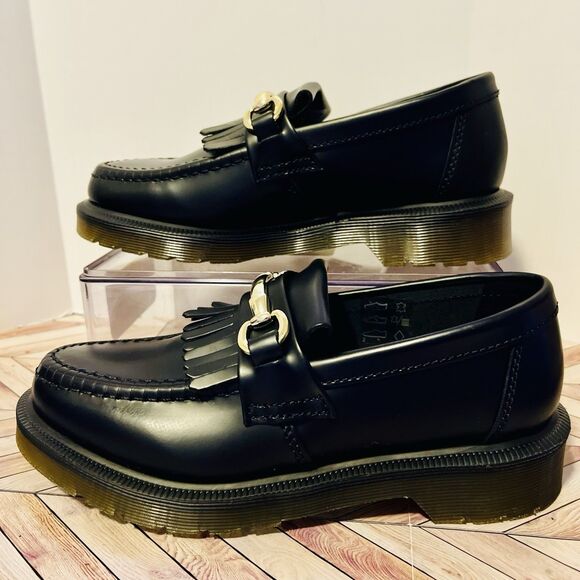 Dr Martens Adrian Snaffle Black Smooth Leather Loafers M 4 W 5 Kiltie Gold Bit - Picture 1 of 10